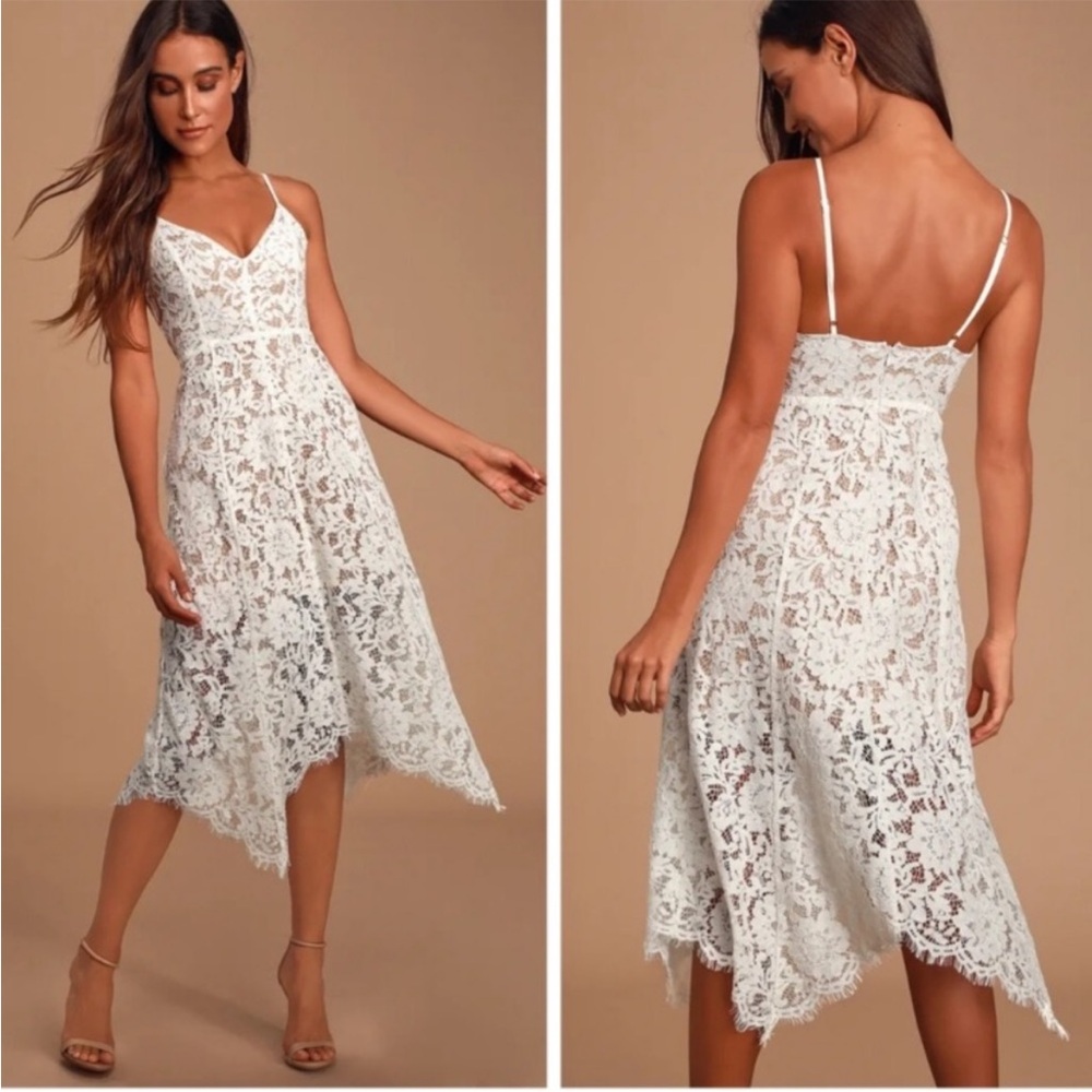 LULUS One Wish White Lace Midi Dress Handkerchief Hem w. Nude Lining  - Size XXS